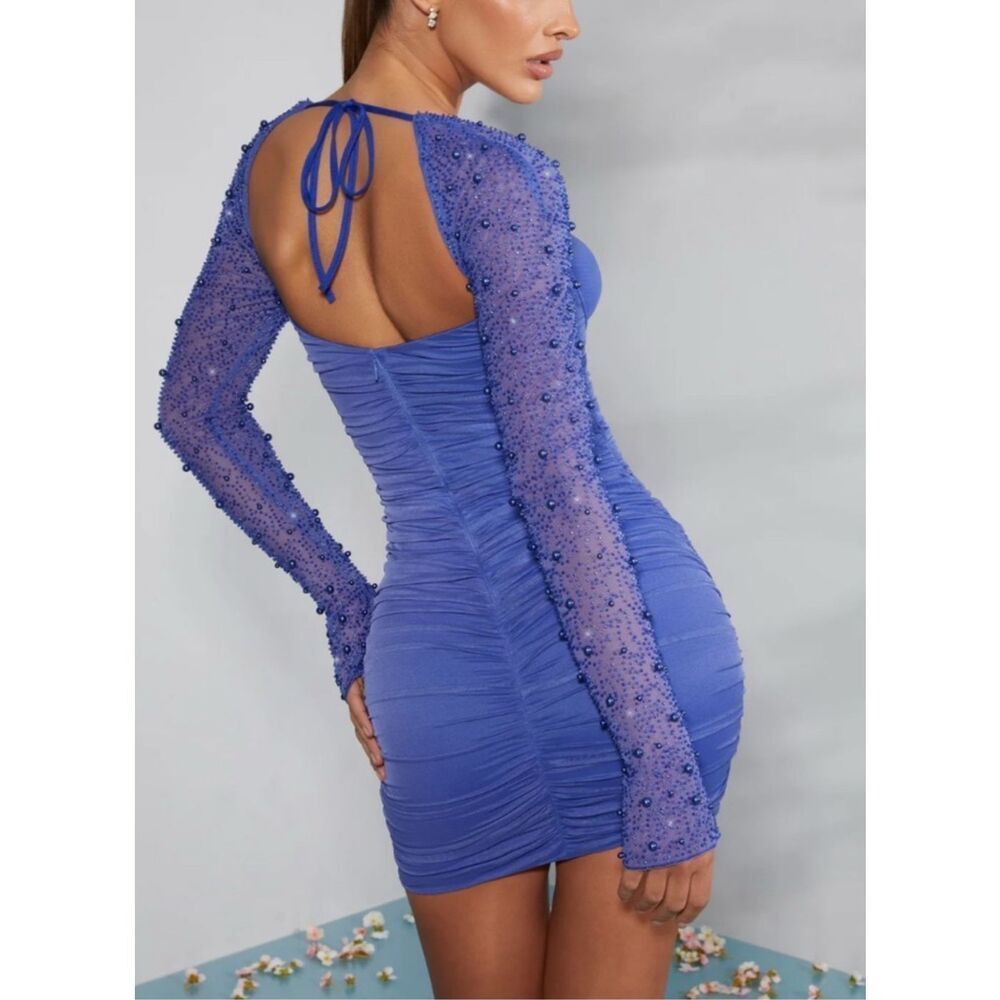 Oh Polly St Germain Embellished Long Sleeve Mini Dress In Cobalt Blue Size 2/XS
